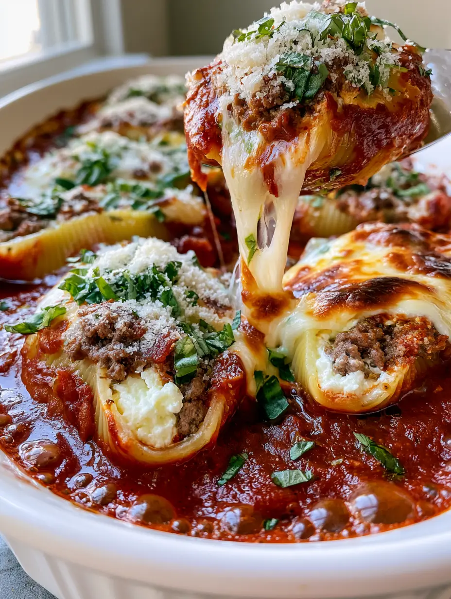 Overhead view of Beef-Stuffed Shells showing glossy red marinara sauce and bubbling cheese.