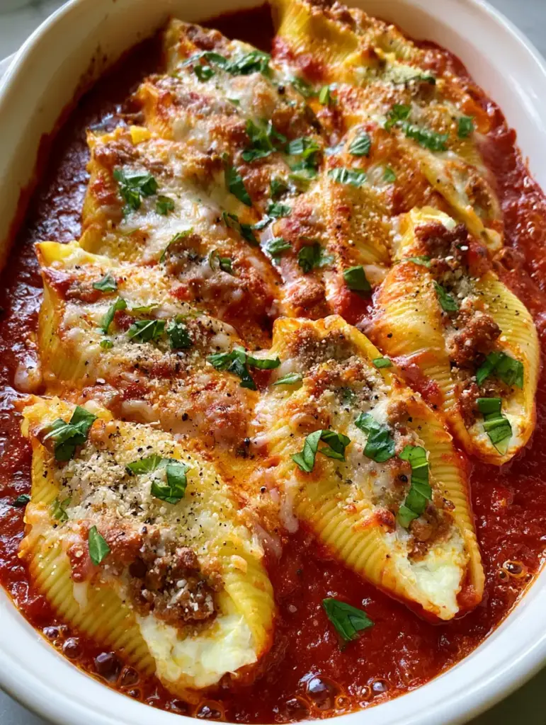 A bubbling white baking dish of stuffed shells topped with melted mozzarella, toasted spots, and fresh basil garnish.