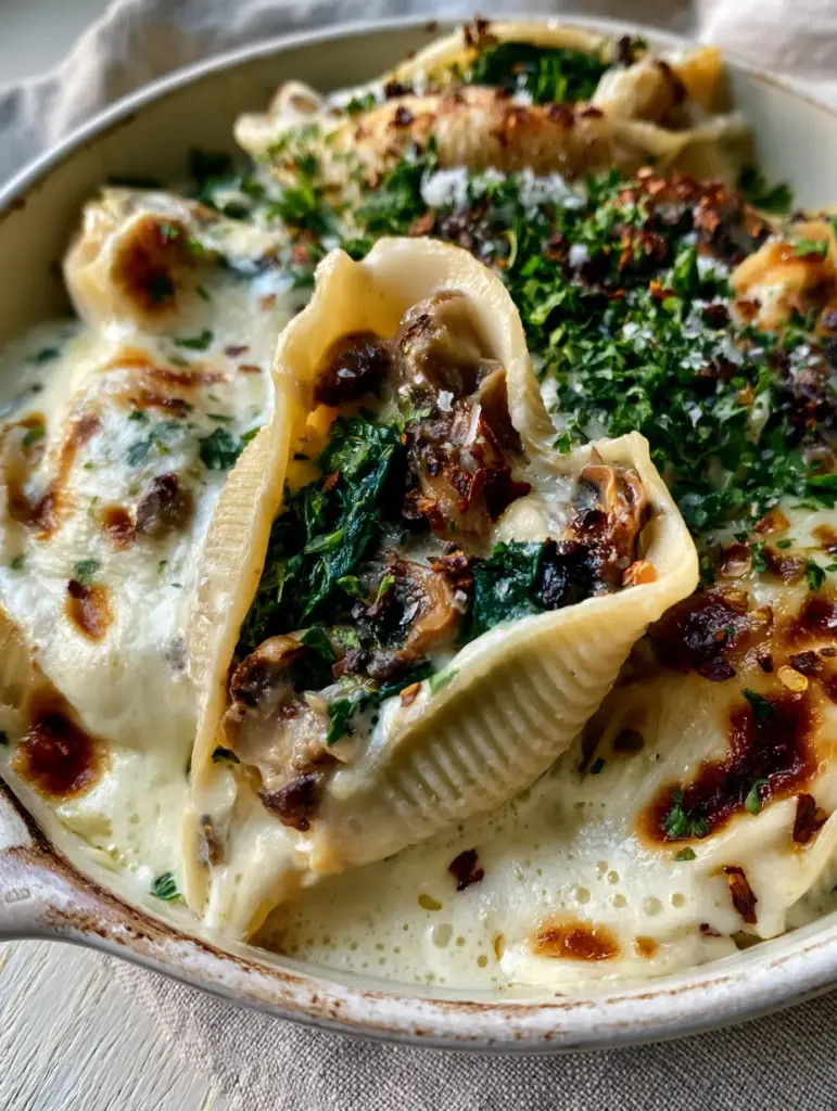Overhead view of jumbo pasta shells draped in thick white bechamel sauce with charred mozzarella spots and red chili flakes.
