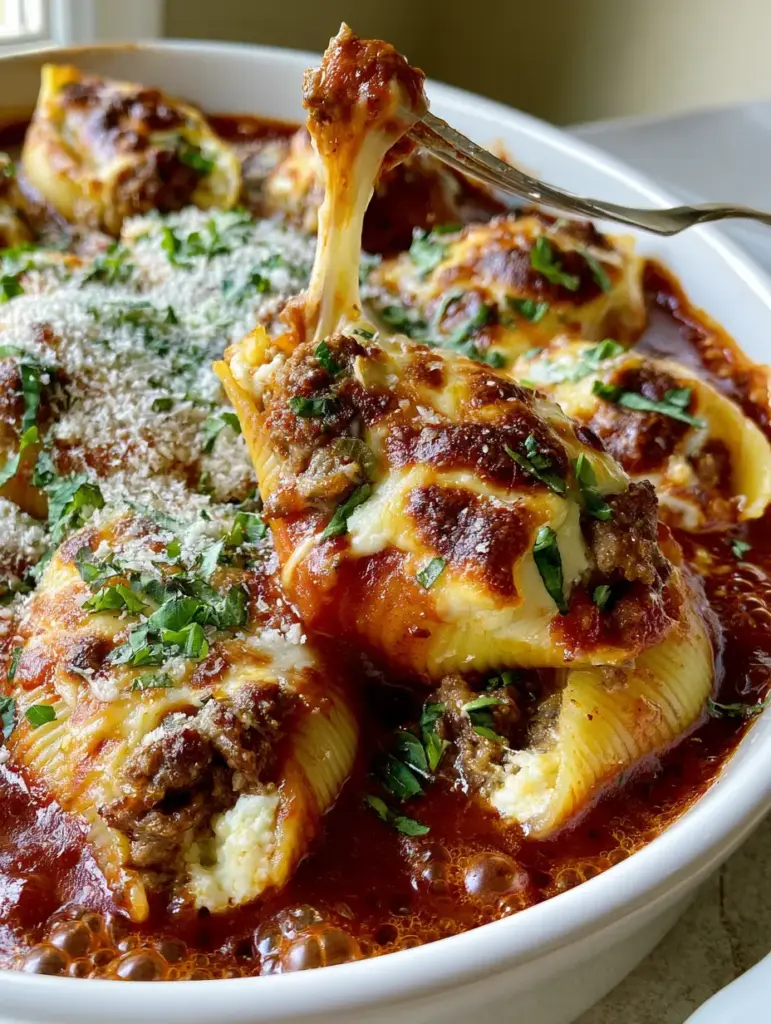 Close up photo of a fork lifting a beef-stuffed shell with a long gooey cheese pull.