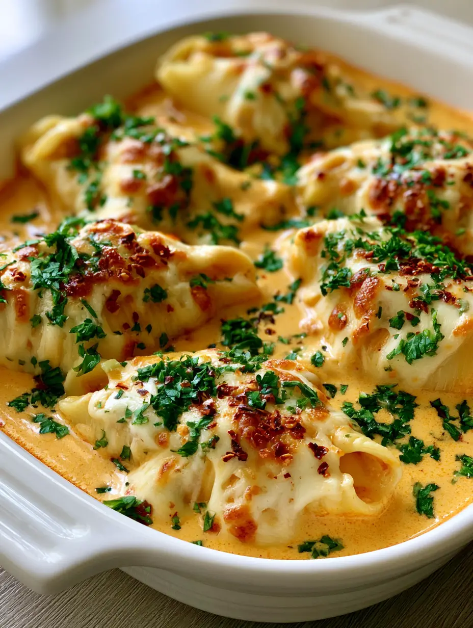 Cajun Chicken Alfredo Stuffed Shells with Velvety Orange Cream Sauce 3 Overhead view of jumbo pasta shells swimming in orange-tinted Cajun Alfredo sauce with toasted cheese spots. (Cajun Chicken Alfredo Stuffed Shells)