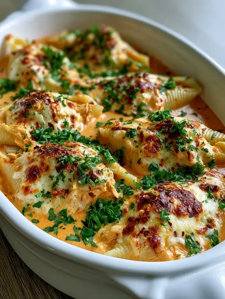 Cajun Chicken Alfredo Stuffed Shells with Velvety Orange Cream Sauce 1 Detailed shot of melted mozzarella and parmesan cheese on top of shredded chicken stuffed shells. (Cajun Chicken Alfredo Stuffed Shells)