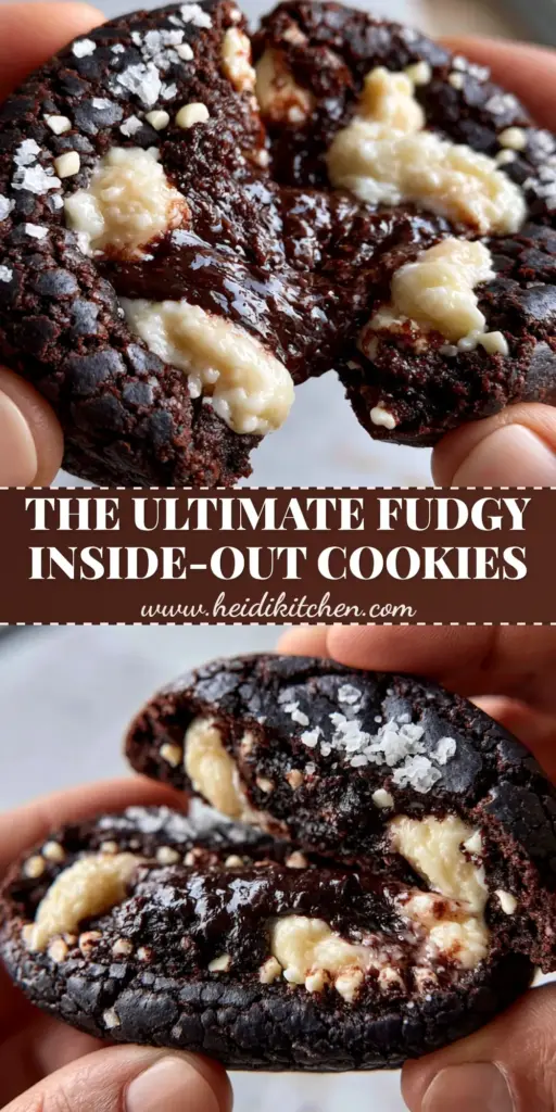 Inside Out Chocolate Chip Cookies with a Molten Fudge Center 4 A stack of thick Inside Out Chocolate Chip Cookies featuring dark ebony dough and white chocolate chips on a marble surface.