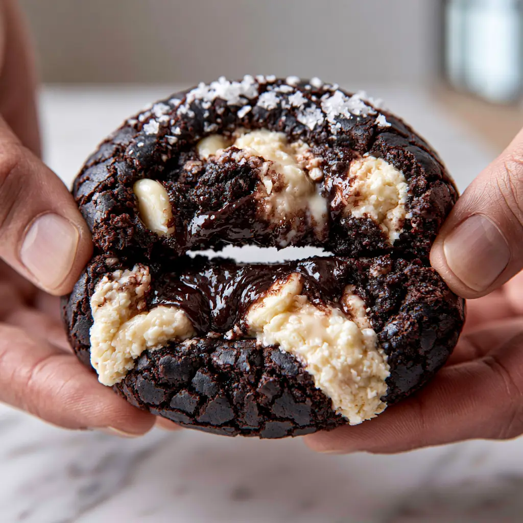 Inside Out Chocolate Chip Cookies with a Molten Fudge Center 2 A close-up handheld shot of an Inside Out Chocolate Chip Cookie being pulled apart to reveal a molten fudge center.