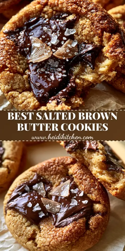 A close-up of Salted Butter Chocolate Chip Cookies with large flaky sea salt crystals and melted chocolate puddles on white parchment paper.