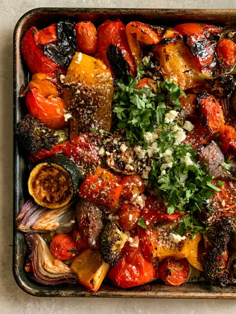 Roasted Vegetable Recipe: The Ultimate Mediterranean Charred Sheet Pan Medley 2 Close up of charred red bell peppers and seared zucchini rounds on a rustic pan. (roasted vegetable recipe)