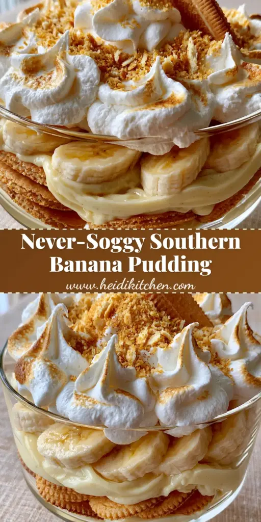 Homemade Banana Pudding: The Ultimate Southern Trifle with Velvety Custard 4 A tall glass trifle dish filled with layers of homemade banana pudding, golden wafers, and sliced bananas, topped with toasted meringue.