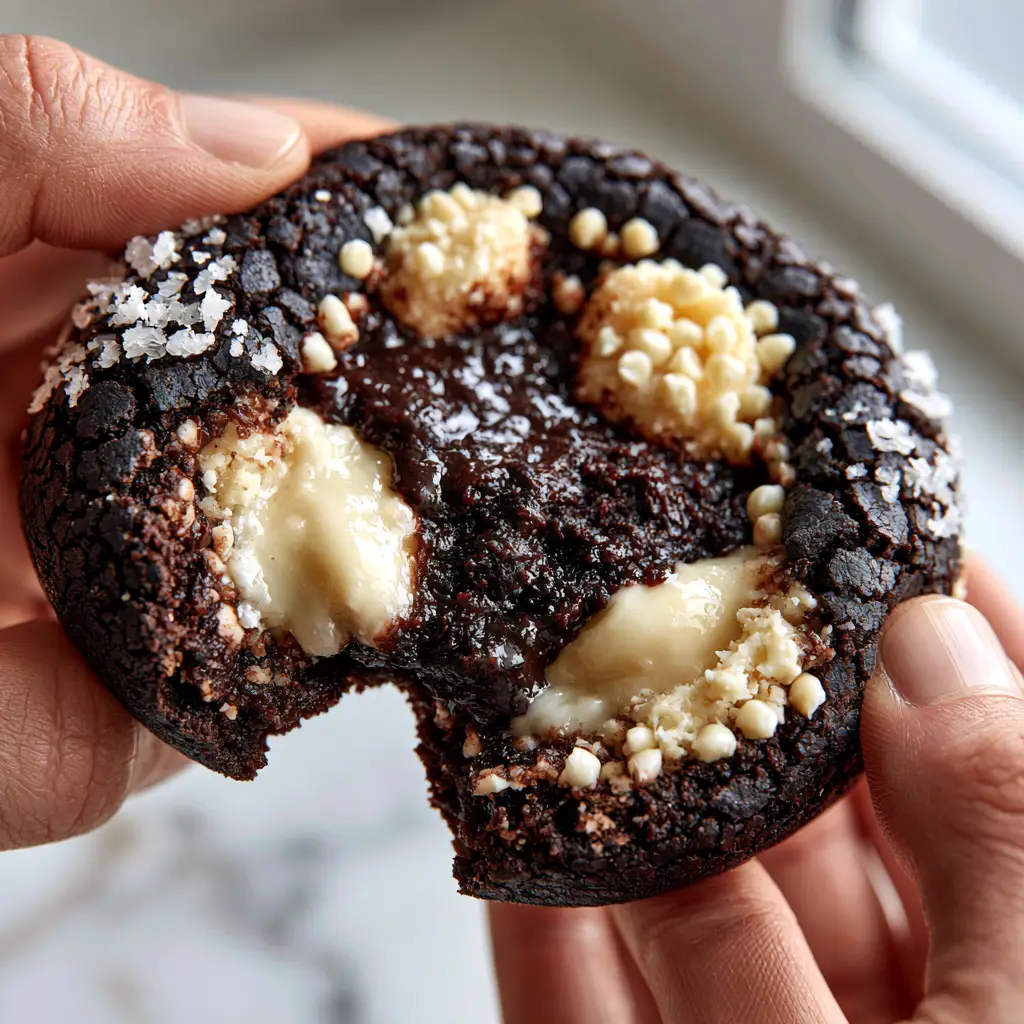 Inside Out Chocolate Chip Cookies with a Molten Fudge Center 1 Detailed view of the crackled brownie-skin exterior and melting ivory white chocolate chips of an Inside Out Chocolate Chip Cookie.