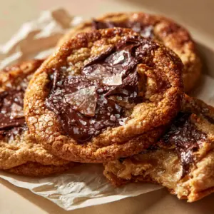 Top-down shot of bakery-style Salted Butter Chocolate Chip Cookies featuring deep golden-caramel dough and dark chocolate pools.