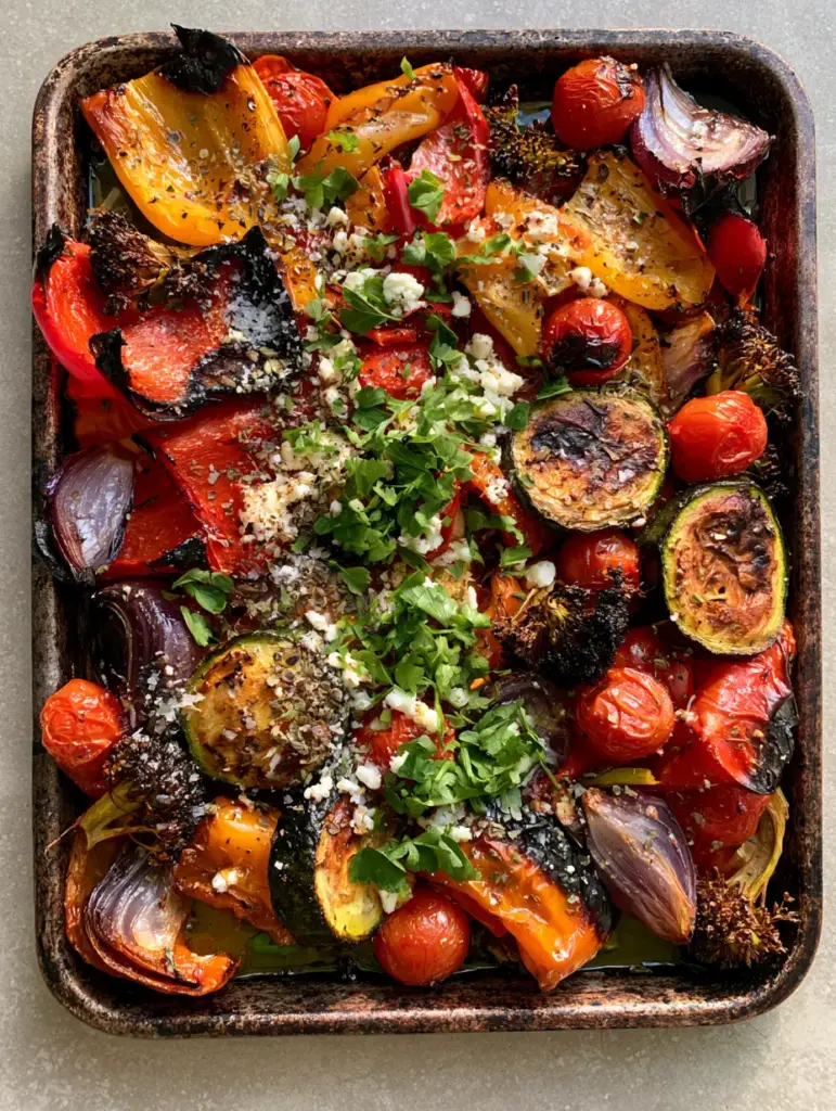 Roasted Vegetable Recipe: The Ultimate Mediterranean Charred Sheet Pan Medley 1 Overhead view of glistening roasted vegetables with sea salt flakes and dried oregano. (roasted vegetable recipe)