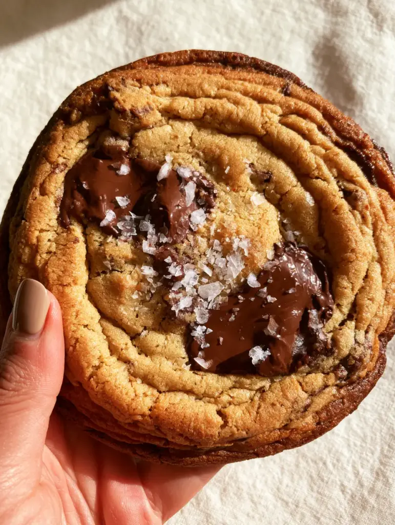 Rippled Chocolate Chip Cookies: The Ultimate Bakery-Style Pan-Banging Recipe 1 A hand holding a single giant Rippled Chocolate Chip Cookie against a linen background, highlighting the crispy edges and soft center.