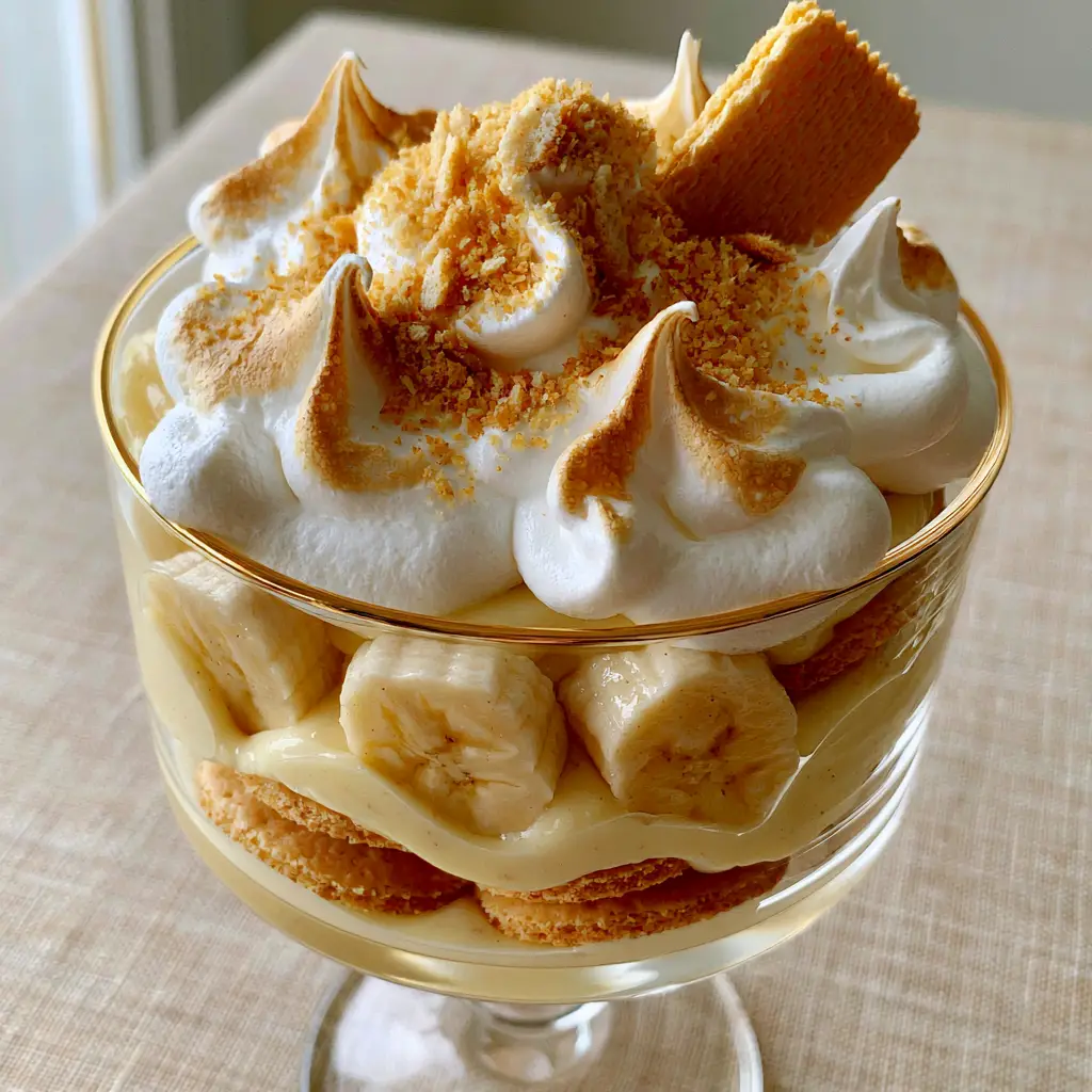 Homemade Banana Pudding: The Ultimate Southern Trifle with Velvety Custard 2 Close-up shot of a pristine homemade banana pudding in a glass dish showcasing velvety custard and golden vanilla wafer layers.