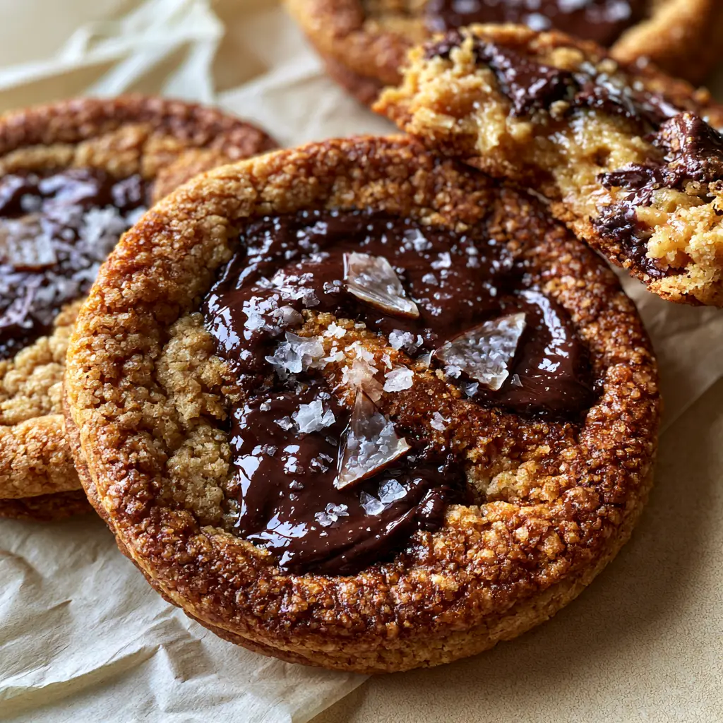 One hero Salted Butter Chocolate Chip Cookie broken in half to reveal a soft, gooey, buttery interior texture.