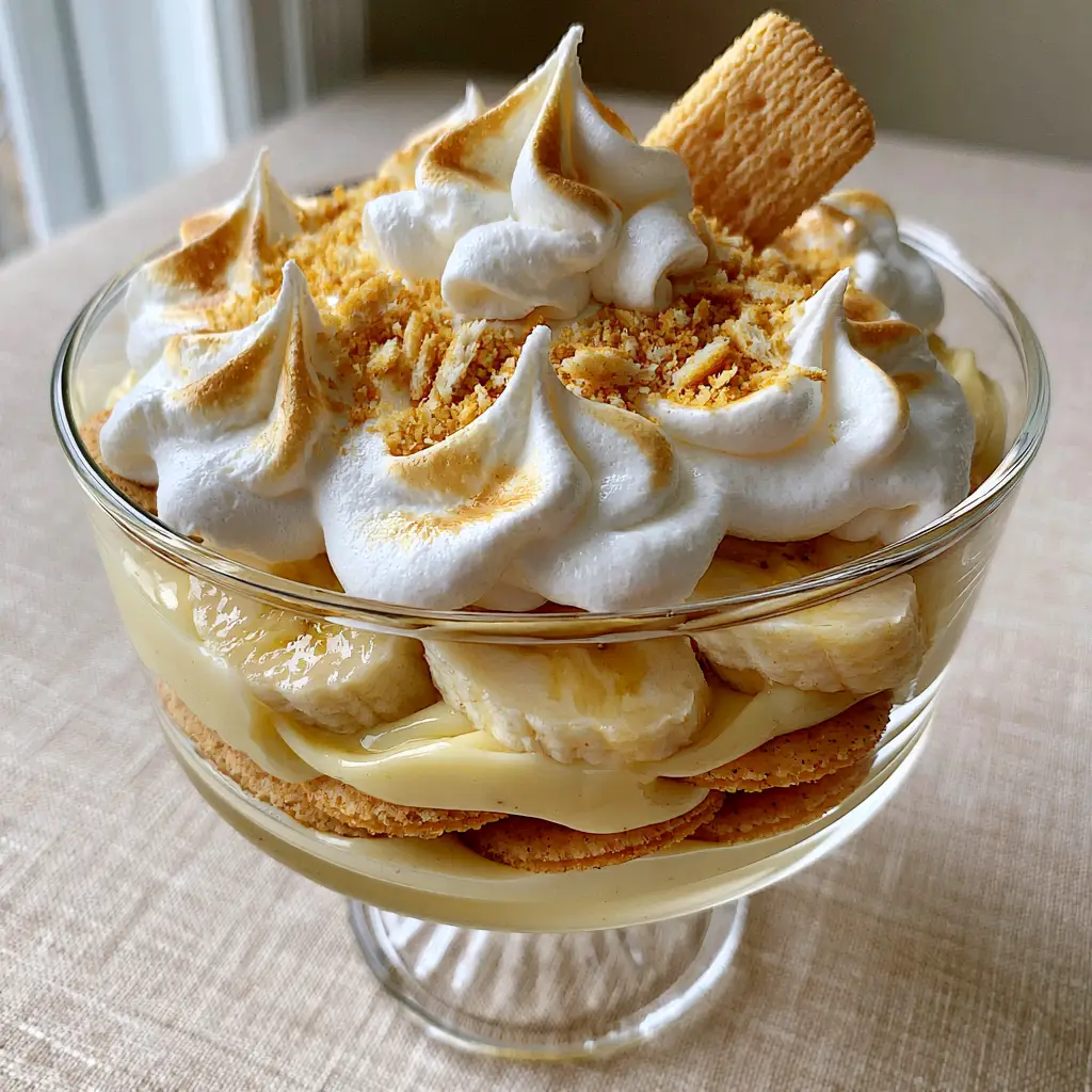 Homemade Banana Pudding: The Ultimate Southern Trifle with Velvety Custard 1 Top view of homemade banana pudding with toasted meringue peaks, whipped cream dollops, and a dusting of vanilla wafer crumbs.