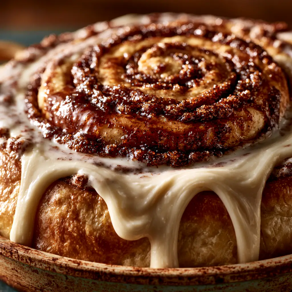 A rustic baking dish showing the golden-brown baked yeast dough and glistening ribbons of dark brown sugar. (cinnamon roll recipe)