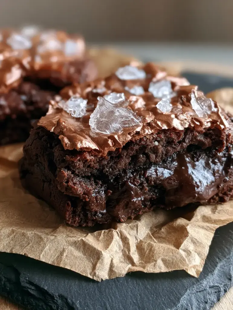 Salted Brownie Crinkle Cookies: The Ultimate Fudgy Masterpiece 1 Macro shot of Salted Brownie Crinkle Cookies on unbleached brown parchment paper resting on a dark slate surface.