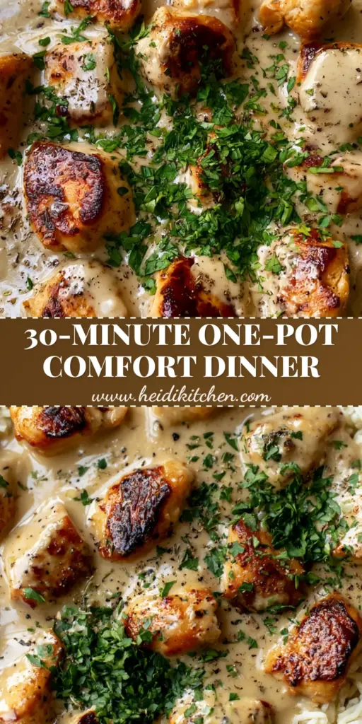 A top-down view of smothered chicken and rice in a cast iron skillet with thick cream sauce and fresh parsley garnish.