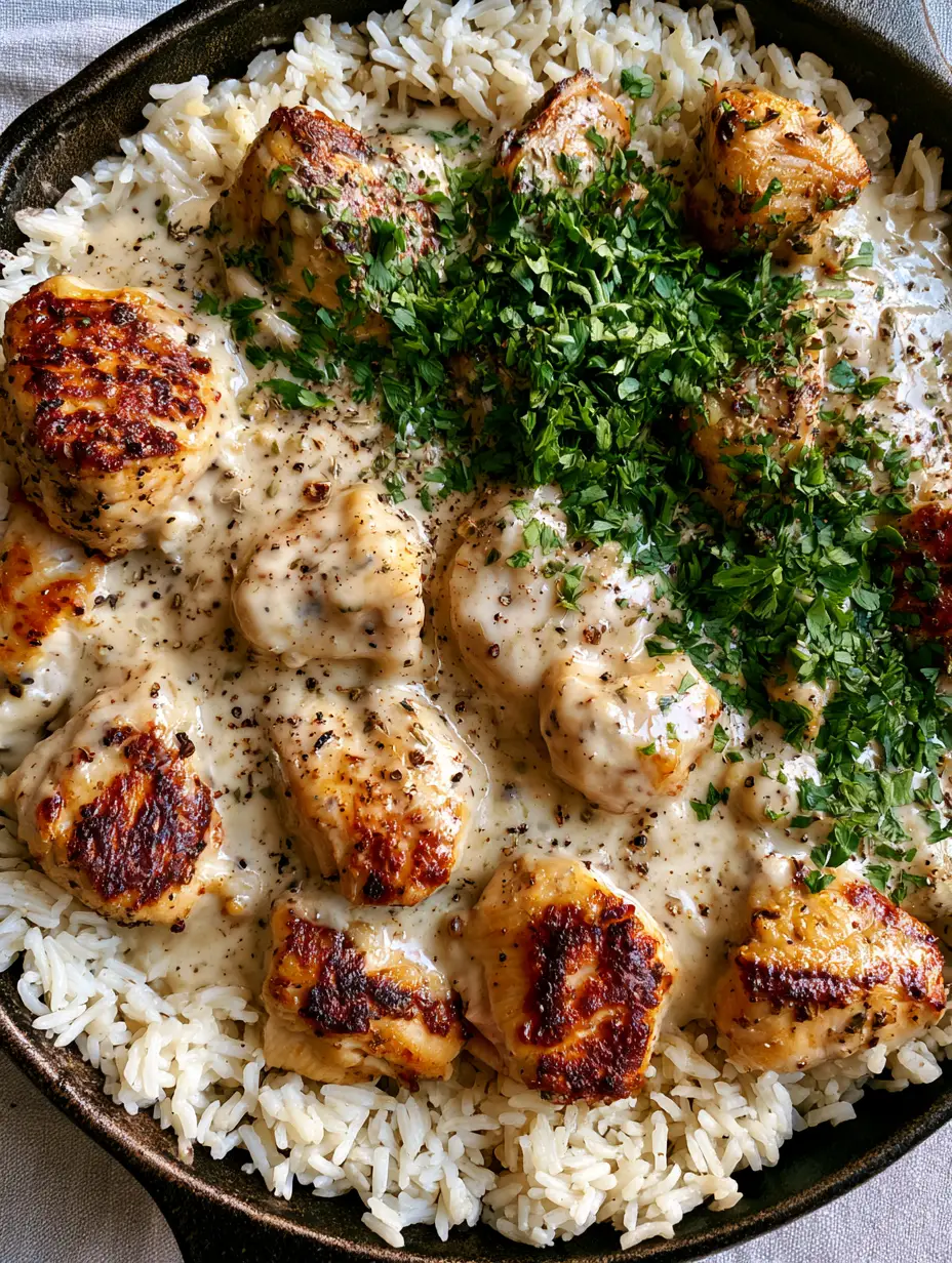 Close-up of seared golden-brown chicken chunks smothered in white garlic sauce over fluffy rice. (smothered chicken and rice)