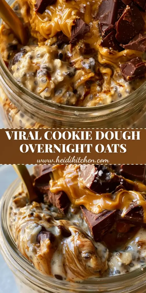 A close-up of Chocolate Chip Cookie Dough Overnight Oats in a glass jar with large chocolate chunks, a cashew butter drizzle, and a gold spoon lifting a thick scoop.