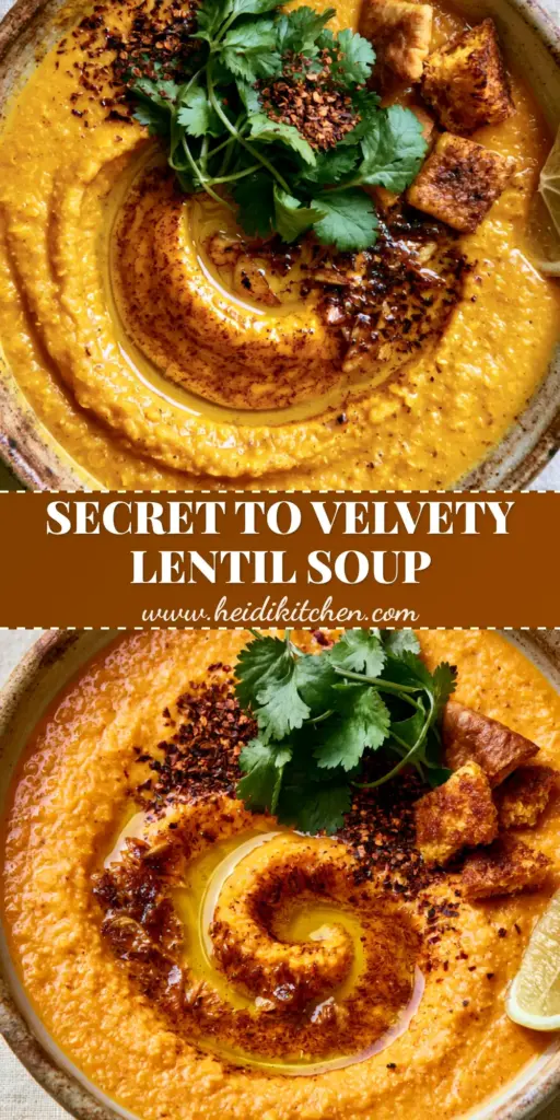 A top-down angled photo of Egyptian red lentil soup in a rustic ceramic bowl with a cumin butter swirl, garlic chips, and pita croutons on a white linen surface.