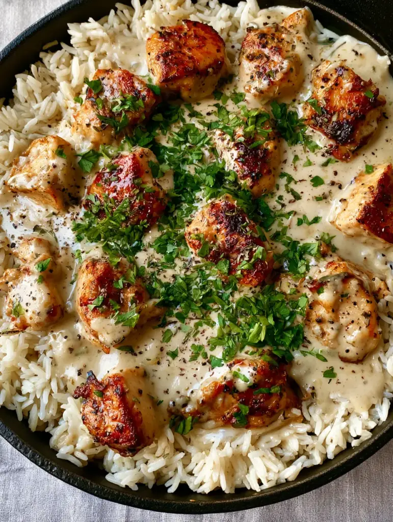 Rustic cast iron skillet filled with smothered chicken and rice garnished with black pepper and parsley.