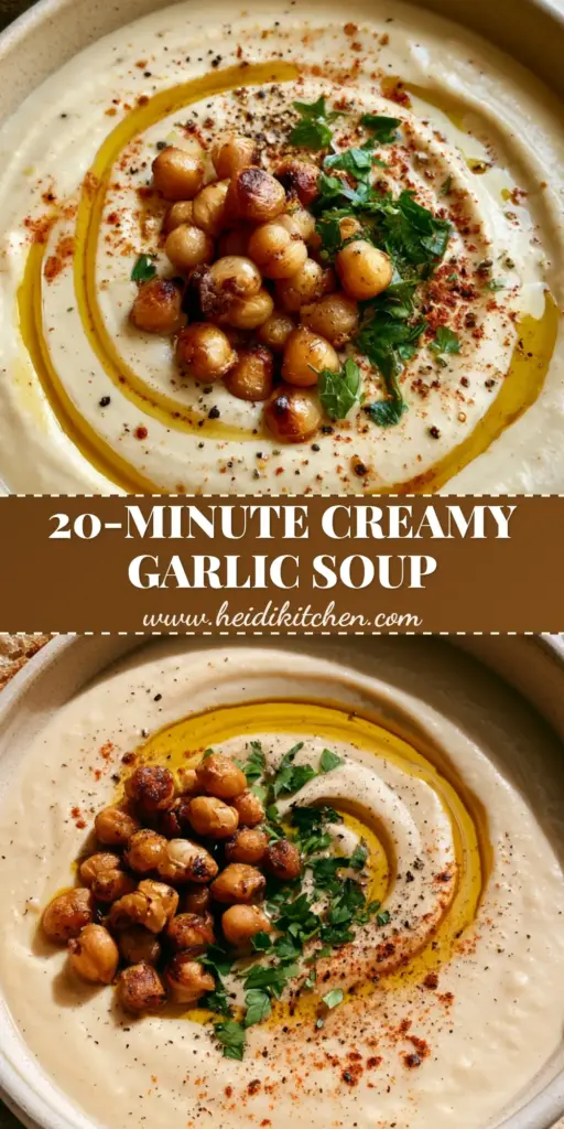 Garlic Chickpea Soup: A Velvety Roasted Garlic and Creamy Bean Recipe 4 A close-up shot of a steaming bowl of garlic chickpea soup with crispy chickpeas, olive oil swirl, and a side of sourdough bread.