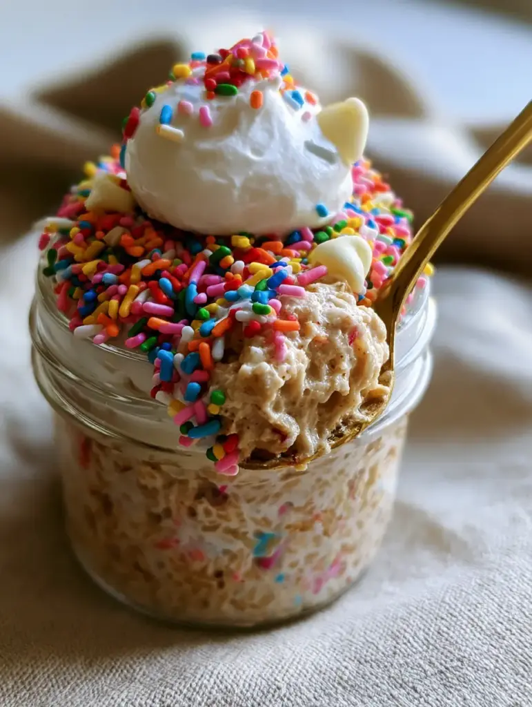 Birthday Cake Overnight Oats: The Ultimate High-Protein Healthy Breakfast 2 Extreme close-up of a gold spoon lifting a thick bite of birthday cake overnight oats showing dense cake-batter texture and vibrant sprinkles.