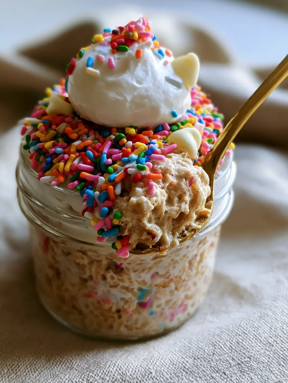 Birthday Cake Overnight Oats: The Ultimate High-Protein Healthy Breakfast 4 Extreme close-up of a gold spoon lifting a thick bite of birthday cake overnight oats showing dense cake-batter texture and vibrant sprinkles.