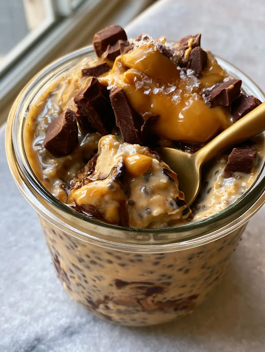 A handheld smartphone photo showing a glass jar of thick cookie dough overnight oats with almond butter swirls and dark chocolate chips. (Chocolate Chip Cookie Dough Overnight Oats)