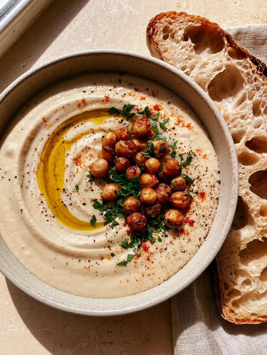 Garlic Chickpea Soup: A Velvety Roasted Garlic and Creamy Bean Recipe 3 A matte stoneware bowl of thick velvety garlic chickpea soup focused on the charred crispy chickpea topping and parsley.