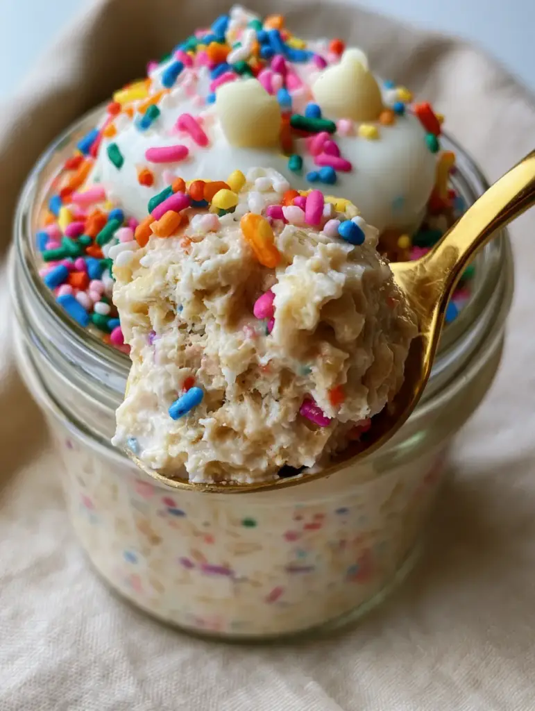 Birthday Cake Overnight Oats: The Ultimate High-Protein Healthy Breakfast 1 Overhead view of birthday cake overnight oats in a jar with a thick vanilla Greek yogurt frosting swirl and multicolored nonpareils.