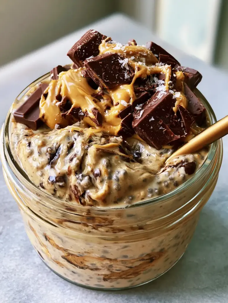 Close-up of the glossy cashew butter drizzle and large chocolate chunks on top of Chocolate Chip Cookie Dough Overnight Oats.