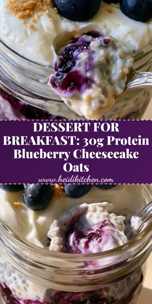 Blueberry Cheesecake Overnight Oats: The Ultimate Creamy Meal Prep Breakfast 4 A clear glass mason jar filled with blueberry cheesecake overnight oats featuring deep purple compote swirls and a thick yogurt topping.