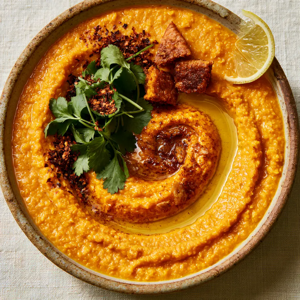 Egyptian red lentil soup in a rustic bowl featuring a thin lemon moon slice and a drizzle of olive oil in natural morning light.