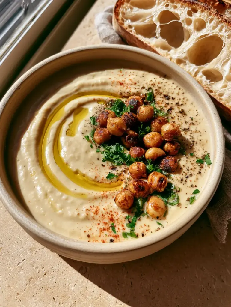 Garlic Chickpea Soup: A Velvety Roasted Garlic and Creamy Bean Recipe 1 High resolution photo of garlic chickpea soup showing the golden olive oil swirl and toasted sourdough bread with air pockets.