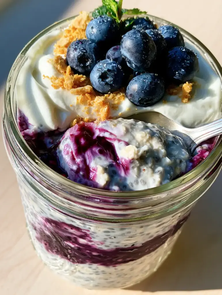 Blueberry Cheesecake Overnight Oats: The Ultimate Creamy Meal Prep Breakfast 2 Close up of layered blueberry cheesecake overnight oats with fresh blueberries and mint garnish in a handheld mason jar.
