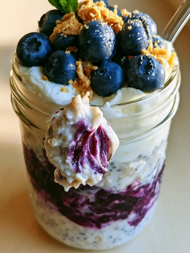 Blueberry Cheesecake Overnight Oats: The Ultimate Creamy Meal Prep Breakfast 1 Spoon lifting a creamy scoop of blueberry cheesecake overnight oats from a jar, revealing the thick texture and chia seeds.