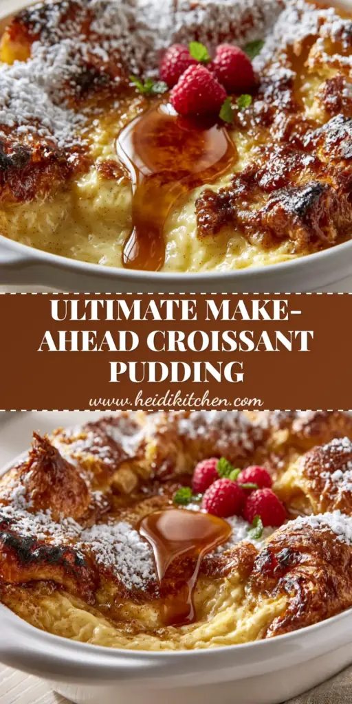 A close-up shot of golden croissant bread pudding in a white dish with maple syrup drizzle and raspberries.