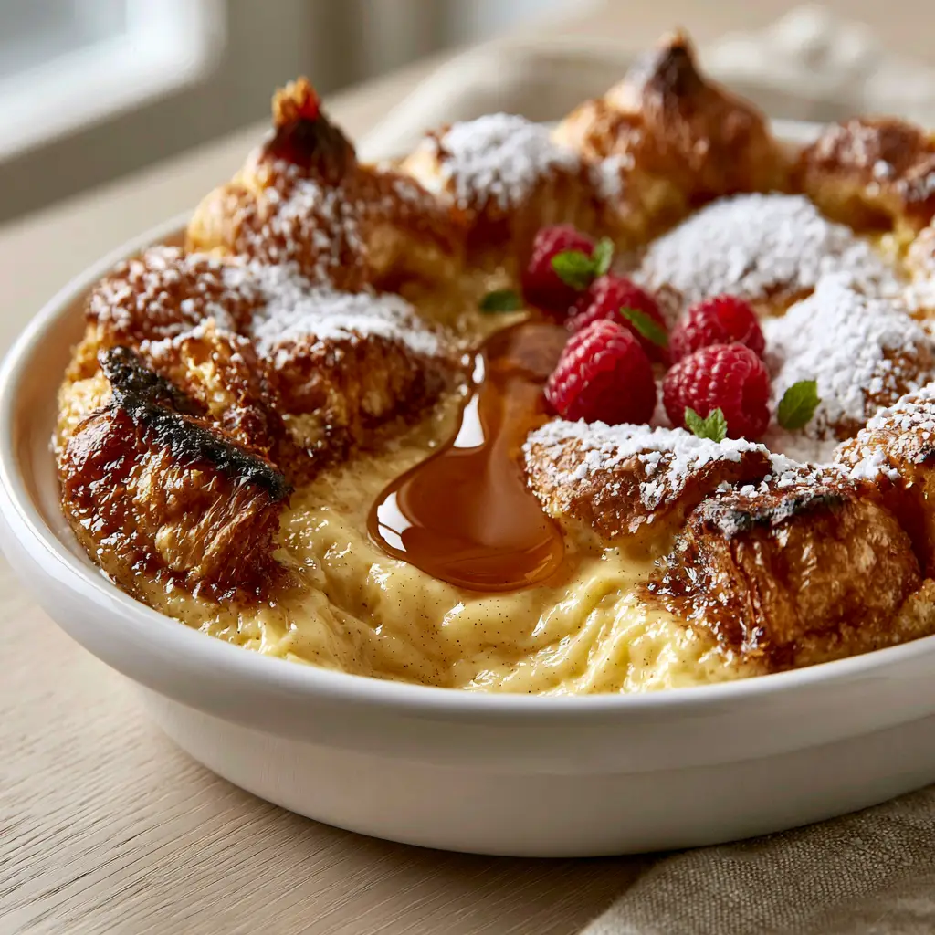 A detailed close-up of a thick maple syrup drizzle over snowy powdered sugar on croissant bread pudding.