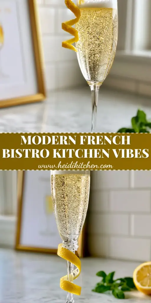 A lifestyle shot of a French 75 cocktail in a crystal flute on a marble counter with a French 75 cocktail print in a gold frame behind it.