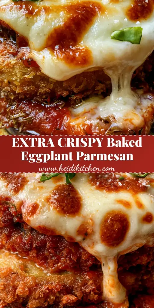 A towering stack of three crispy Oven Baked Eggplant Parmesan rounds topped with melted mozzarella and fresh basil.