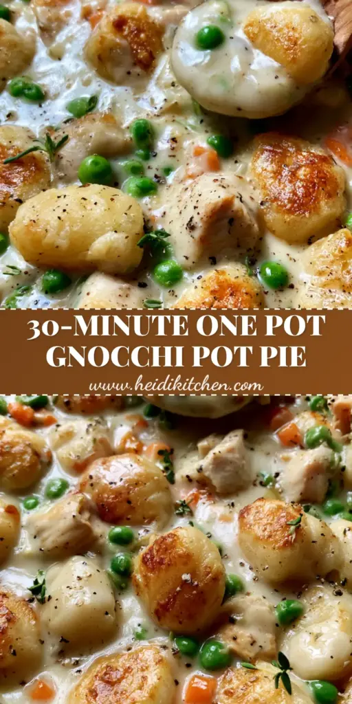 A rustic black cast iron skillet filled with creamy One Pot Gnocchi Chicken Pot Pie, showing golden-brown seared gnocchi, shredded chicken, carrots, and peas garnished with fresh thyme.
