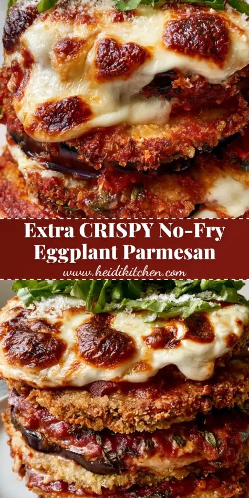 Eggplant Parmesan with Extra Crispy Panko Crust and Bubbling Mozzarella 4 A tall stack of extra crispy baked Eggplant Parmesan featuring jagged panko crust and melted mozzarella with charred spots on a white plate.