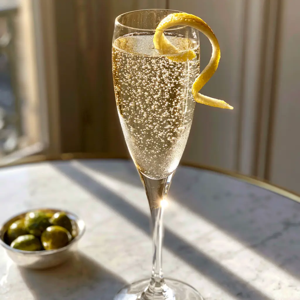 Close up of micro-carbonation bubbles and condensation frost on a crystal flute. (French 75 cocktail poster)