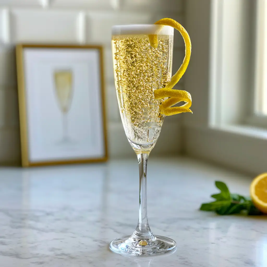 Close up of a French 75 cocktail featuring tiny bubbles and a professional lemon zest curl against a subway tile background. (French 75 cocktail print)