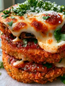 Macro view of ultra-crunchy panko-crusted Oven Baked Eggplant Parmesan with stretching mozzarella cheese.
