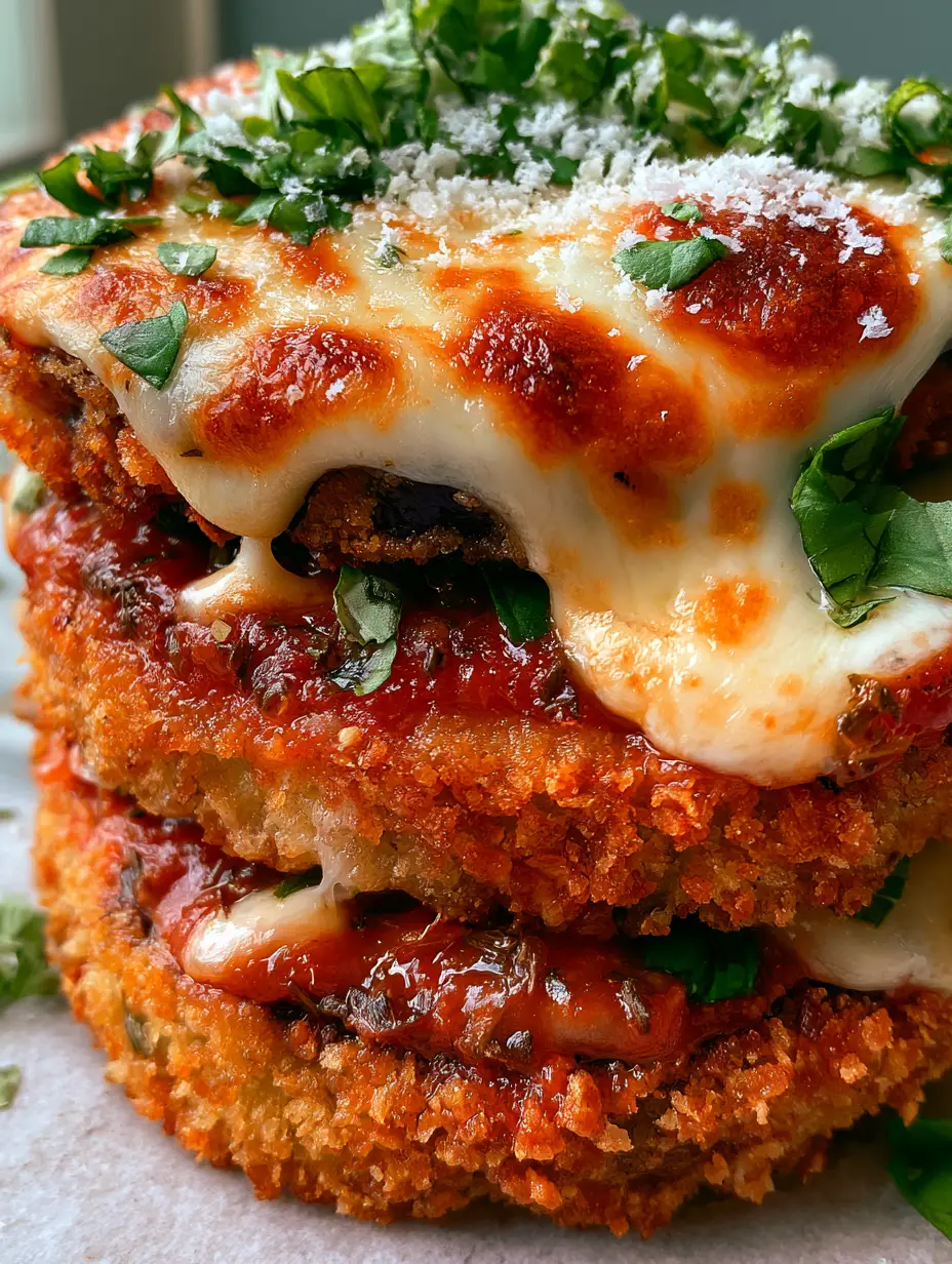 Macro view of ultra-crunchy panko-crusted Oven Baked Eggplant Parmesan with stretching mozzarella cheese.