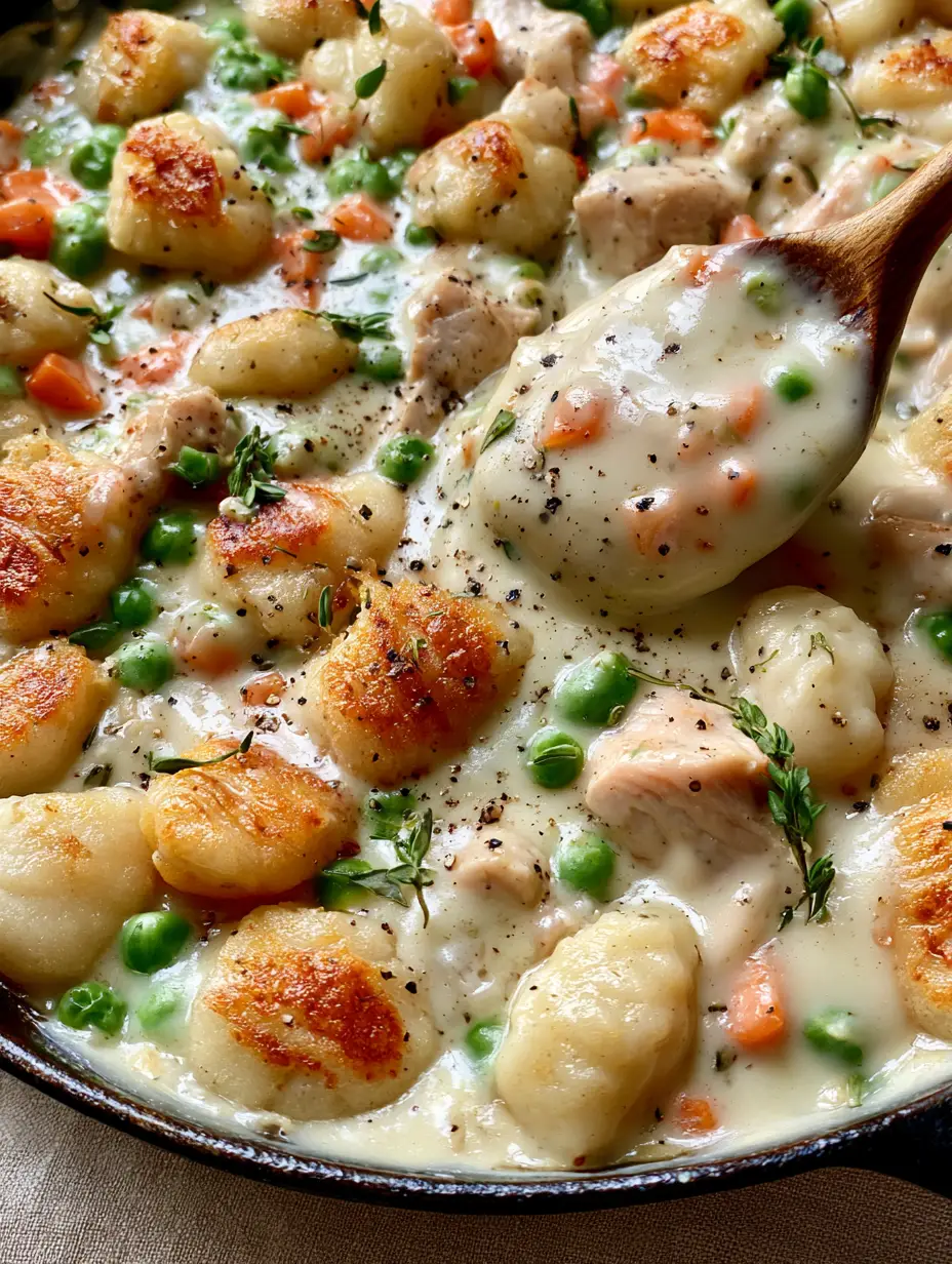 Close-up of golden seared potato gnocchi pillows in a thick white cream sauce with visible black pepper and thyme. (One Pot Gnocchi Chicken Pot Pie)