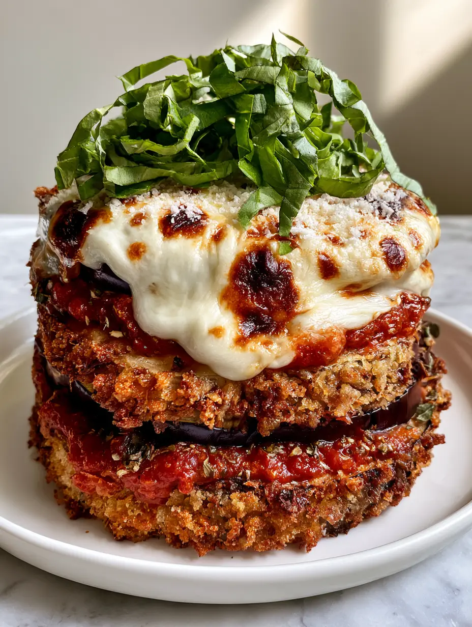 Eggplant Parmesan with Extra Crispy Panko Crust and Bubbling Mozzarella 3 Vertical smartphone photo of golden-brown panko breaded Eggplant Parmesan with vibrant basil ribbons and grated parmesan snow.