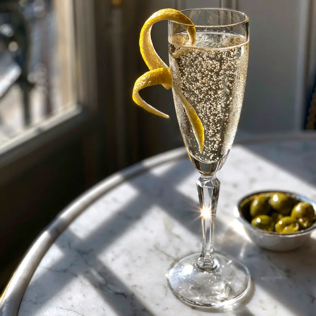 French 75 cocktail poster style shot with a lemon peel spiral and a side of green olives on a bistro table.
